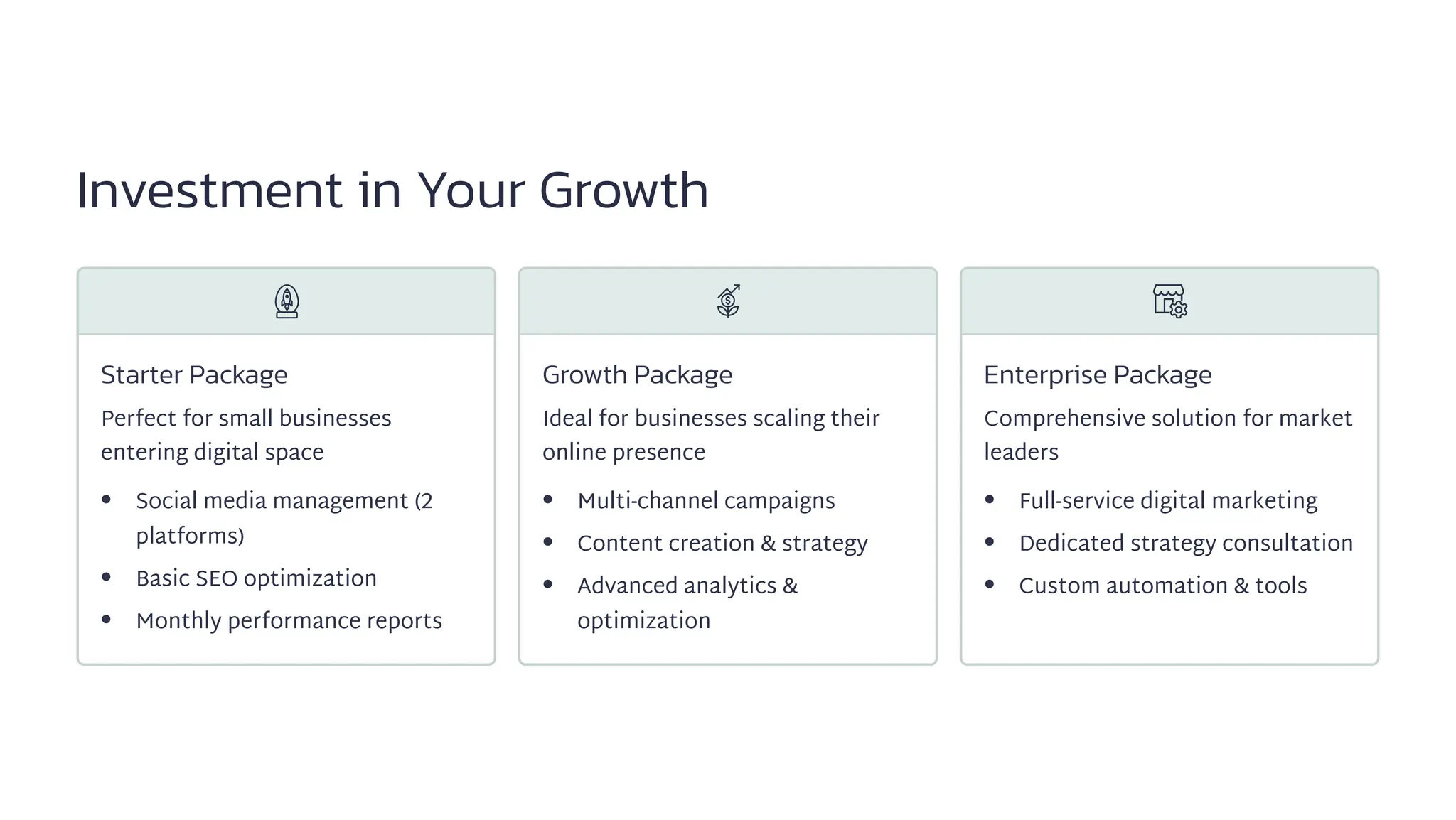 Investment in Your Growth
Starter Package
Perfect for small businesses
entering digital space
Social media management (2
platforms)
Basic SEO optimization
Monthly performance reports
Growth Package
Ideal for businesses scaling their
online presence
Multi-channel campaigns
Content creation & strategy
Advanced analytics &
optimization
Enterprise Package
Comprehensive solution for market
leaders
Full-service digital marketing
Dedicated strategy consultation
Custom automation & tools
 