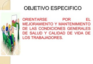 OBJETIVO ESPECIFICOOBJETIVO ESPECIFICO
ORIENTARSE POR EL
MEJORAMIENTO Y MANTENIMIENTO
DE LAS CONDICIONES GENERALES
DE SALUD Y CALIDAD DE VIDA DE
LOS TRABAJADORES.
 