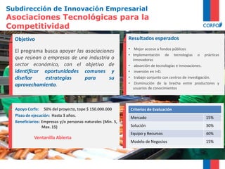 Subdirección de Innovación Empresarial
Asociaciones Tecnológicas para la
Competitividad
Objetivo
El programa busca apoyar las asociaciones
que reúnan a empresas de una industria o
sector económico, con el objetivo de
identificar oportunidades comunes y
diseñar estrategias para su
aprovechamiento.
Apoyo Corfo: 50% del proyecto, tope $ 150.000.000
Plazo de ejecución: Hasta 3 años.
Beneficiarios: Empresas y/o personas naturales (Min. 5,
Max. 15)
Resultados esperados
• Mejor acceso a fondos públicos
• Implementación de tecnologías o prácticas
innovadoras
• absorción de tecnologías e innovaciones.
• inversión en I+D.
• trabajo conjunto con centros de investigación.
• Disminución de la brecha entre productores y
usuarios de conocimientos
Ventanilla Abierta
Criterios de Evaluación
Mercado 15%
Solución 30%
Equipo y Recursos 40%
Modelo de Negocios 15%
 