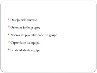 Desejo pelo sucesso;
Orientação de grupo;
Norma de produtividade do grupo;
Capacidade da equipa;
Estabilidade da equipa.
 