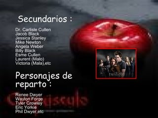 Secundarios :
Dr. Carlisle Cullen
Jacob Black
Jessica Stanley
Mike Newton
Angela Weber
Billy Black
Esme Cullen
Laurent (Malo)
Victoria (Mala),etc


Personajes de
reparto :
Renee Dwyer
Waylon Forge
Tyler Crowley
Eric Yorkie
Phil Dwyer,etc
 
