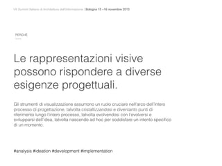VII Summit Italiano di Architettura dell’Informazione / Bologna 15 –16 novembre 2013
Le rappresentazioni visive
possono rispondere a diverse
esigenze progettuali.
Gli strumenti di visualizzazione assumono un ruolo cruciare nell’arco dell’intero
processo di progettazione, talvolta cristallizzandosi e diventanto punti di
riferimento lungo l’intero processo, talvolta evolvendosi con l’evolversi e
svilupparsi dell’idea, talvolta nascendo ad hoc per soddisfare un intento speciﬁco
di un momento.
PERCHÈ
~~~
#analysis #ideation #development #implementation
 