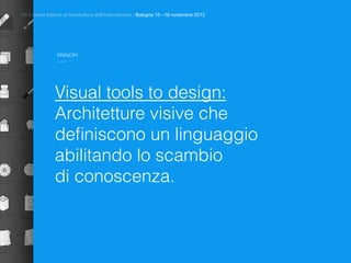 PRINCIPI
~~~
VII Summit Italiano di Architettura dell’Informazione / Bologna 15 –16 novembre 2013
Visual tools to design:
Architetture visive che
deﬁniscono un linguaggio
abilitando lo scambio
di conoscenza.
Choose the existing
shape, closest to
your needs.
Remove the think
border around the
ﬁgure.
Add the det
need to cha
your shape
STROKE RULES
0.5 pt 1 pt 3 pt
INNER ELEMTNS MAIN STROKES EXTRENAL OU
CUSTOMIZE ITEMS COLO
Stroke, ﬁll, balloon and icon
colours can be customized
through the swatches library.
Open the spot swatch yo
to modify from the swatc
library (double click on it
the colour mix dn you wil
the colour being updated
the ﬁle.
COMPLEMENT THE ITEM
item name item name item name item name item name
item name item name item name item name item name
item name item name item name item name item name
item name item name item name item name item name
ambulance supply truck health center item name item name
ol pads vitamins sachet (i.e. ORS) oral pills condoms
(i.e. Zinc) diagnostic test box (i.e. amoxicillin) box (i.e. paracetamol) injectables
s respiratory timer blister (i.e. ACT) MUAC test item name
r and band thermometer syringe scissors RDT test
/bicycle globe clouds calendar uniform
bin board/signage register solar panel rain boots
al form training cards pencils torch rain coat item name item name item name item name item name
item name item name item name
item name item name item name item name item name
item name item name item name
When diagrams gets very small, it could be that rendering and visib
items can get poor and loose in readability. It is recommended the
integrate the schemes with purely ﬂat pictograms for minor eleme
MISCELLANEAHEALTHCARE
empty truck ﬁlled truck
 
