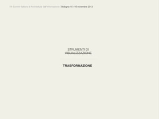 VII Summit Italiano di Architettura dell’Informazione / Bologna 15 –16 novembre 2013
STRUMENTI DI
VISUALIZZAZIONE!
TRASFORMAZIONE!
 