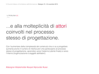 VII Summit Italiano di Architettura dell’Informazione / Bologna 15 –16 novembre 2013
...e alla molteplicità di attori
coinvolti nel processo
stesso di progettazione.
Con l’aumentare della complessità del contenuto che si va a progettare
aumenta anche il numero di interlocutori che partecipano al processo
stesso di progettazione, aprendosi verso l’esterno (utente ﬁnale) e verso
l’interno (organizzazione e soggetti abilitatori).
#designer #stakeholder #expert #provider #user
IL PROBLEMA 2/2
~~~
 