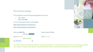 Presentation design
This presentation uses the following typographies and colors:
■ Titles: Arvo
■ Body copy: Muli
You can download the fonts on these pages:
https://www.fontsquirrel.com/fonts/muli
https://www.fontsquirrel.com/fonts/arvo
Dark gray #4d778a Medium gray #7198a9
Light gray #cedbe0
Salmon #faa99c Sand #edc67b
Lime #b0d85b
Sky #37a9dd
You don’t need to keep this slide in your presentation. It’s only here to serve you as a design guide if
you need to create new slides or download the fonts to edit the presentation in PowerPoint®
28
 