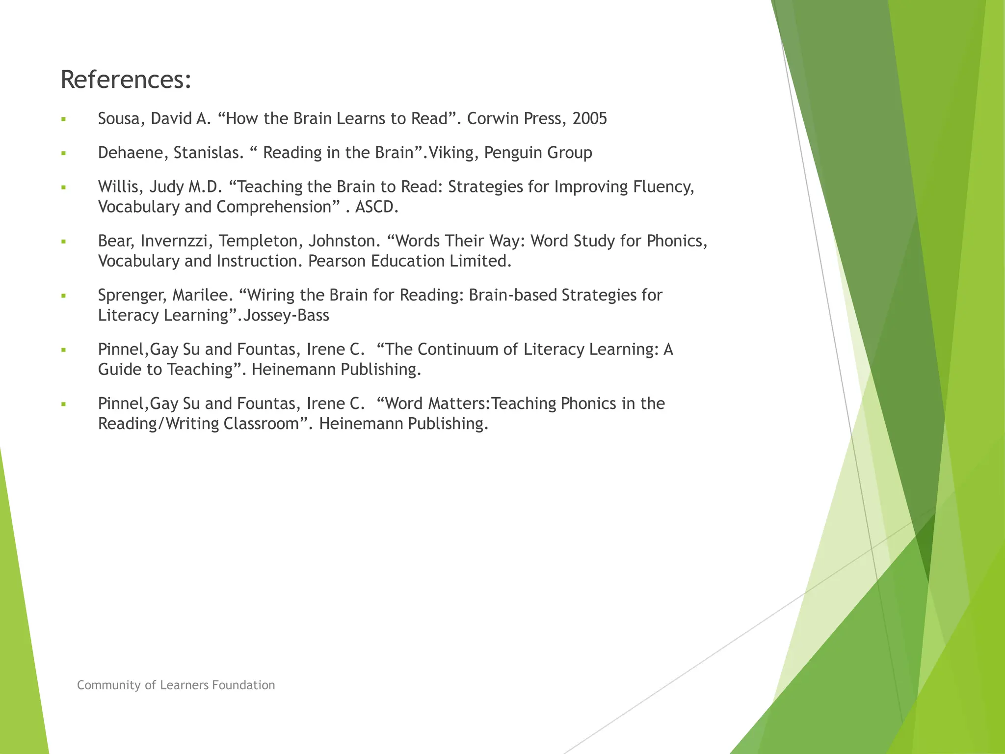 References:
 Sousa, David A. “How the Brain Learns to Read”. Corwin Press, 2005
 Dehaene, Stanislas. “ Reading in the Brain”.Viking, Penguin Group
 Willis, Judy M.D. “Teaching the Brain to Read: Strategies for Improving Fluency,
Vocabulary and Comprehension” . ASCD.
 Bear, Invernzzi, Templeton, Johnston. “Words Their Way: Word Study for Phonics,
Vocabulary and Instruction. Pearson Education Limited.
 Sprenger, Marilee. “Wiring the Brain for Reading: Brain-based Strategies for
Literacy Learning”.Jossey-Bass
 Pinnel,Gay Su and Fountas, Irene C. “The Continuum of Literacy Learning: A
Guide to Teaching”. Heinemann Publishing.
 Pinnel,Gay Su and Fountas, Irene C. “Word Matters:Teaching Phonics in the
Reading/Writing Classroom”. Heinemann Publishing.
Community of Learners Foundation
 