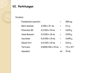 VI. Perhitungan

Perdosis:
Fenoksimetil penisilin

=

500 mg

Metil selulosa

2/100 x 15 mL

=

0,3 g

Polisorbat 80

0,1/100 x 15 mL

=

0,015 g

Asam Benzoat

0,1/100 x 15 mL

=

0,015 g

Sucralose

0,3/100 x 15 mL

=

0,045 g

Oleum Citri

0,2/100 x 15 mL

=

0,03 g

Tartrazin

0,0005/100 x 15 mL =

Aquadest

ad

7,5 x 10-5
15 mL

 