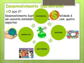 Desenvolvimento Sustentável
O   que é?
Desenvolvimento Sustentável ou Sustentabilidade é
                       ECONÓMICOS

um conceito sistemático, que se relaciona com quatro
aspectos:


                                     SOCIAIS
           AMBIENTAIS




                        CULTURAIS
 