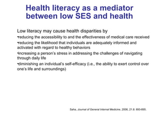 Health literacy as a mediator
between low SES and health
Low literacy may cause health disparities by
•reducing the accessibility to and the effectiveness of medical care received
•reducing the likelihood that individuals are adequately informed and
activated with regard to healthy behaviors
•increasing a person’s stress in addressing the challenges of navigating
through daily life
•diminishing an individual’s self-efficacy (i.e., the ability to exert control over
one’s life and surroundings)
Saha, Journal of General Internal Medicine, 2006, 21.8: 893-895.
 
