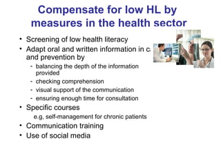 Compensate for low HL by
measures in the health sector
• Screening of low health literacy
• Adapt oral and written information in care
and prevention by
- balancing the depth of the information
provided
- checking comprehension
- visual support of the communication
- ensuring enough time for consultation
• Specific courses
e.g, self-management for chronic patients
• Communication training
• Use of social media
 