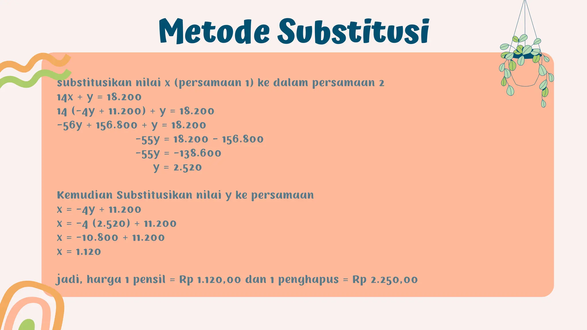 Metode Substitusi
substitusikan nilai x (persamaan 1) ke dalam persamaan 2
14x + y = 18.200
14 (-4y + 11.200) + y = 18.200
-56y + 156.800 + y = 18.200
-55y = 18.200 - 156.800
-55y = -138.600
y = 2.520
Kemudian Substitusikan nilai y ke persamaan
x = -4y + 11.200
x = -4 (2.520) + 11.200
x = -10.800 + 11.200
x = 1.120
jadi, harga 1 pensil = Rp 1.120,00 dan 1 penghapus = Rp 2.250,00
 