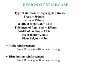 DESIGN OF STAIRCASE
Type of staircase = Dog legged staircase
Tread = 300mm
Riser = 150mm
Width of flight slab = 4.5m
Thickness of flight slab = 150mm
Width of landing = 1.25m
No of flight = 2 no’s
Floor height = 4.5m
 Main reinforcement
16mm Ø bars @ 410mm c/c spacing
 Distribution reinforcement
12mm Ø bars @ 400mm c/c spacing
 