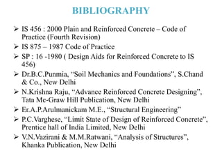 BIBLIOGRAPHY
 IS 456 : 2000 Plain and Reinforced Concrete – Code of
Practice (Fourth Revision)
 IS 875 – 1987 Code of Practice
 SP : 16 -1980 ( Design Aids for Reinforced Concrete to IS
456)
 Dr.B.C.Punmia, “Soil Mechanics and Foundations”, S.Chand
& Co., New Delhi
 N.Krishna Raju, “Advance Reinforced Concrete Designing”,
Tata Mc-Graw Hill Publication, New Delhi
 Er.A.P.Arulmanickam M.E., “Structural Engineering”
 P.C.Varghese, “Limit State of Design of Reinforced Concrete”,
Prentice hall of India Limited, New Delhi
 V.N.Vazirani & M.M.Ratwani, “Analysis of Structures”,
Khanka Publication, New Delhi
 