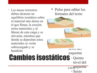 
Pulse para editar los
formatos del texto
del esquema

Segundo nivel del
esquema
− Tercer nivel
del esquema

Cuarto
nivel del
esquema
− Quinto
nivel del
esquema
− Sexto
2/10/15
Cambios isostáticos
•
Las masas terrestres
deben alcanzar un
equilibrio isostático sobre
el material más denso en
el que flotan, la erosión
retira materiales y al
liberar de esta carga y se
elevarán, mientras que
donde se depositen estos
materiales se verán
sobrecargado y se
hundirán
 