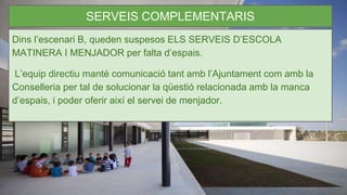 SERVEIS COMPLEMENTARIS
Dins l’escenari B, queden suspesos ELS SERVEIS D’ESCOLA
MATINERA I MENJADOR per falta d’espais.
L’equip directiu manté comunicació tant amb l’Ajuntament com amb la
Conselleria per tal de solucionar la qüestió relacionada amb la manca
d’espais, i poder oferir així el servei de menjador.
 
