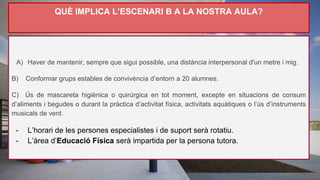 QUÈ IMPLICA L’ESCENARI B A LA NOSTRA AULA?
A) Haver de mantenir, sempre que sigui possible, una distància interpersonal d'un metre i mig.
B) Conformar grups estables de convivència d’entorn a 20 alumnes.
C) Ús de mascareta higiènica o quirúrgica en tot moment, excepte en situacions de consum
d’aliments i begudes o durant la pràctica d’activitat física, activitats aquàtiques o l’ús d’instruments
musicals de vent.
- L’horari de les persones especialistes i de suport serà rotatiu.
- L’àrea d’Educació Física serà impartida per la persona tutora.
 