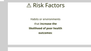 ⚠ Risk Factors
Habits or environments
that increase the
likelihood of poor health
outcomes:
 