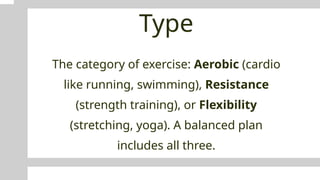 Type
The category of exercise: Aerobic (cardio
like running, swimming), Resistance
(strength training), or Flexibility
(stretching, yoga). A balanced plan
includes all three.
 