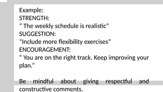 Example:
STRENGTH:
“ The weekly schedule is realistic”
SUGGESTION:
“Include more flexibility exercises”
ENCOURAGEMENT:
“ You are on the right track. Keep improving your
plan.”
Be mindful about giving respectful and
constructive comments.
 