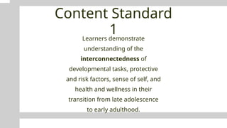Content Standard
1
Learners demonstrate
understanding of the
interconnectedness of
developmental tasks, protective
and risk factors, sense of self, and
health and wellness in their
transition from late adolescence
to early adulthood.
 