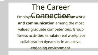 The Career
Connection
Employers consistently rank teamwork
and communication among the most
valued graduate competencies. Group
fitness activities simulate real workplace
collaboration dynamics in an active,
engaging environment.
 