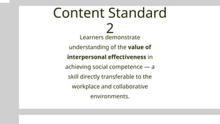 Content Standard
2
Learners demonstrate
understanding of the value of
interpersonal effectiveness in
achieving social competence — a
skill directly transferable to the
workplace and collaborative
environments.
 