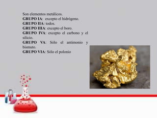 Son elementos metálicos.
GRUPO IA: excepto el hidrógeno.
GRUPO IIA: todos.
GRUPO IIIA: excepto el boro.
GRUPO IVA: excepto el carbono y el
silicio.
GRUPO VA: Sólo el antimonio y
bismuto.
GRUPO VIA: Sólo el polonio
 