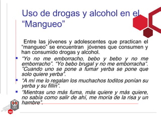 Uso de drogas y alcohol en el
    “Mangueo”
     Entre las jóvenes y adolescentes que practican el
    “mangueo” se encuen...