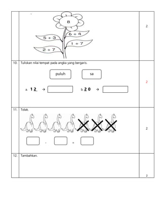 2
10. Tuliskan nilai tempat pada angka yang bergaris.
a. 1 2  b. 2 0 
2
11. Tolak.
- =
2
12. Tambahkan.
2
puluh sa
 