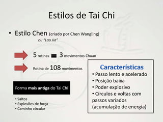 Os Dez Príncipios do Tai Chi10Endireitar a cabeçaManter uma posição correcta do peito e das costasPermanecer em pleno relaxamento, sem tensãoTodos os movimentos devem provir do centroHarmonizar as partes inferior e superior do corpoO corpo move-se como uma só unidadeTodos os movimentos devem ser realizados com tranquilidade e continuidade, não deixando espaço para interrupçõesManter uma destinção bem clara entre o substancial e o não-substancialRespirar profundamente a partir da parte de baixo da barriga e em harmonia com os movimentosA mente comanda o corpoPríncipios básicos para que os movimentos sejam executados na perfeição