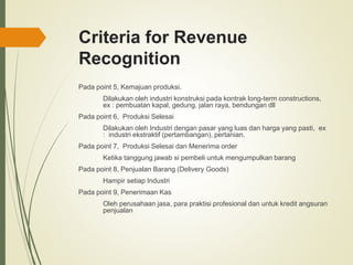 Criteria for Revenue
Recognition
Pada point 5, Kemajuan produksi.
Dilakukan oleh industri konstruksi pada kontrak long-term constructions,
ex : pembuatan kapal, gedung, jalan raya, bendungan dll
Pada point 6, Produksi Selesai
Dilakukan oleh Industri dengan pasar yang luas dan harga yang pasti, ex
: industri ekstraktif (pertambangan), pertanian.
Pada point 7, Produksi Selesai dan Menerima order
Ketika tanggung jawab si pembeli untuk mengumpulkan barang
Pada point 8, Penjualan Barang (Delivery Goods)
Hampir setiap Industri
Pada point 9, Penerimaan Kas
Oleh perusahaan jasa, para praktisi profesional dan untuk kredit angsuran
penjualan
 
