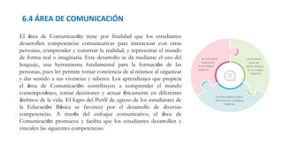 El área de Comunicación tiene por finalidad que los estudiantes
desarrollen competencias comunicativas para interactuar con otras
personas, comprender y construir la realidad, y representar el mundo
de forma real o imaginaria. Este desarrollo se da mediante el uso del
lenguaje, una herramienta fundamental para la formación de las
personas, pues les permite tomar conciencia de sí mismos al organizar
y dar sentido a sus vivencias y saberes. Los aprendizajes que propicia
el área de Comunicación contribuyen a comprender el mundo
contemporáneo, tomar decisiones y actuar éticamente en diferentes
ámbitos de la vida. El logro del Perfil de egreso de los estudiantes de
la Educación Básica se favorece por el desarrollo de diversas
competencias. A través del enfoque comunicativo, el área de
Comunicación promueve y facilita que los estudiantes desarrollen y
vinculen las siguientes competencias:
6.4 ÁREA DE COMUNICACIÓN
 