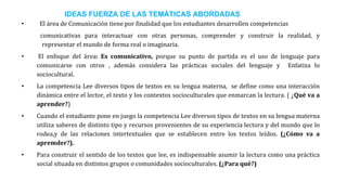 IDEAS FUERZA DE LAS TEMÁTICAS ABORDADAS
• El área de Comunicación tiene por finalidad que los estudiantes desarrollen competencias
comunicativas para interactuar con otras personas, comprender y construir la realidad, y
representar el mundo de forma real o imaginaria.
• El enfoque del área: Es comunicativo, porque su punto de partida es el uso de lenguaje para
comunicarse con otros , además considera las prácticas sociales del lenguaje y Enfatiza lo
sociocultural.
• La competencia Lee diversos tipos de textos en su lengua materna, se define como una interacción
dinámica entre el lector, el texto y los contextos socioculturales que enmarcan la lectura. ( ¿Qué va a
aprender?)
• Cuando el estudiante pone en juego la competencia Lee diversos tipos de textos en su lengua materna
utiliza saberes de distinto tipo y recursos provenientes de su experiencia lectora y del mundo que lo
rodea,y de las relaciones intertextuales que se establecen entre los textos leídos. (¿Cómo va a
apremder?).
• Para construir el sentido de los textos que lee, es indispensable asumir la lectura como una práctica
social situada en distintos grupos o comunidades socioculturales. (¿Para qué?)
 