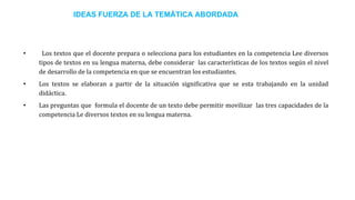 IDEAS FUERZA DE LA TEMÁTICA ABORDADA
• Los textos que el docente prepara o selecciona para los estudiantes en la competencia Lee diversos
tipos de textos en su lengua materna, debe considerar las características de los textos según el nivel
de desarrollo de la competencia en que se encuentran los estudiantes.
• Los textos se elaboran a partir de la situación significativa que se esta trabajando en la unidad
didáctica.
• Las preguntas que formula el docente de un texto debe permitir movilizar las tres capacidades de la
competencia Le diversos textos en su lengua materna.
 
