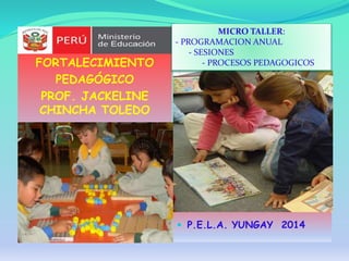 FORTALECIMIENTO
PEDAGÓGICO
PROF. JACKELINE
CHINCHA TOLEDO
 P.E.L.A. YUNGAY 2014
MICRO TALLER:
- PROGRAMACION ANUAL
- SESIONES
- PROCESOS PEDAGOGICOS
 
