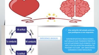 EMOCIONES BASICAS
 Una variación del estado anímico
que predispone a una respuesta.
SON RESPUESTASO REACCIONES
NATURALES QUETENEMOS FRENTE A
LAS SITUACIONES QUEVIVIMOSY QUE
INFLUYEN EN NUESTRA MANERA DE
PENSARY ACTUAR…SIN EMOCIONES
SERIAMOSCOMO MÁQUINAS
 