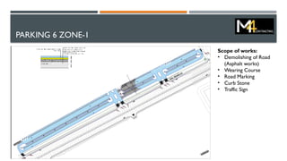 PARKING 6 ZONE-1
Scope of works:
• Demolishing of Road
(Asphalt works)
• Wearing Course
• Road Marking
• Curb Stone
• Traffic Sign
 