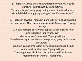 2. Tingkatan takwa berlandaskan pada firman Allah pada 
surat Al-Hujurat ayat 13 yang artinya: 
“Sesungguhnya, orang yang paling mulia di antara kamu di 
sisi Allah ialah orang yang paling takwa di antara kamu”. 
3. Tingkatan tawakal, menurut para sufi, berlandaskan pada 
firman-firman Allah antara lain surat At-Thalaq ayat 3 yang 
artinya: 
“Dan barangsiapa bertawakal kepada Allah, niscaya Allah 
mencukupkan (keperluan)nya”; 
dan surat Az-Zumar ayat 39 yang artinya: 
“Dan hanya kepada Allah-lah orang-orang yang beriman itu 
bertawakal”. 
Tingkatan syukur antara lain berlandaskan kepada firman 
Allah surat Ibrahim ayat 7 yang artinya: 
“Sesungguhnya jika kamu bersyukur pasti kami akan 
menambahkan (nikmat) kepadamu”. 
 