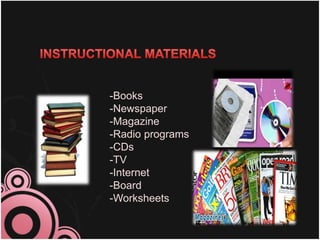 15
-Books
-Newspaper
-Magazine
-Radio programs
-CDs
-TV
-Internet
-Board
-Worksheets
 