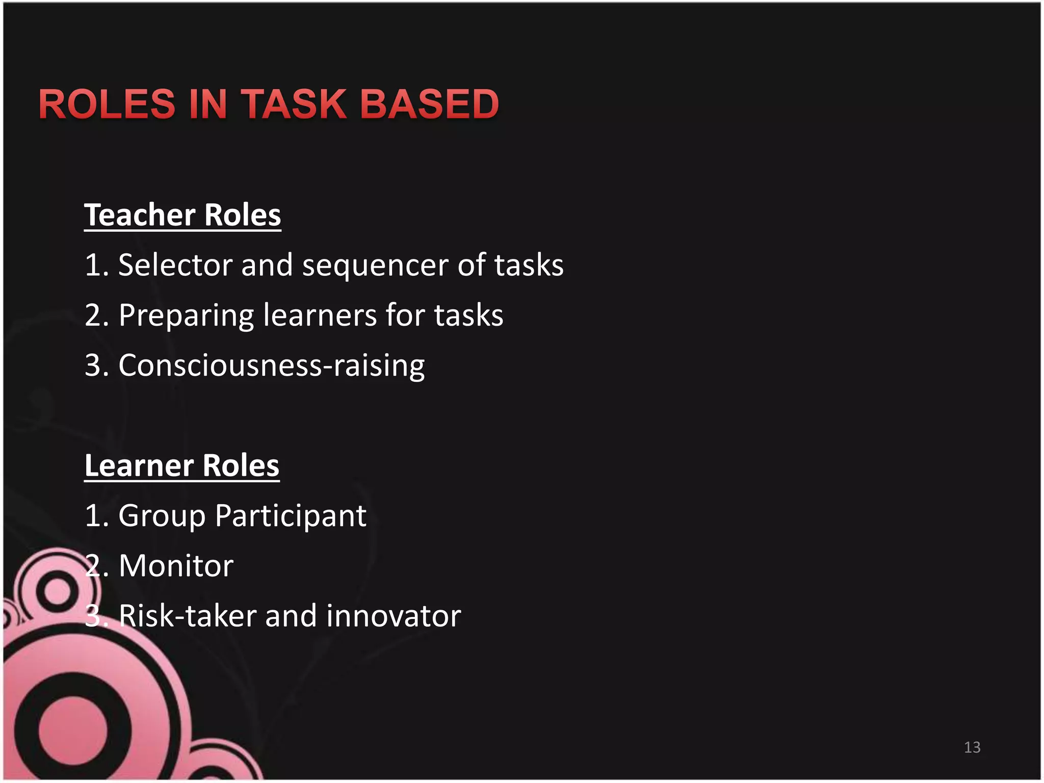 Teacher Roles
1. Selector and sequencer of tasks
2. Preparing learners for tasks
3. Consciousness-raising
Learner Roles
1. Group Participant
2. Monitor
3. Risk-taker and innovator
13
 