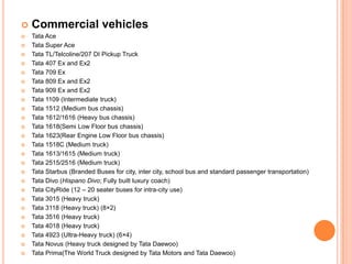    Commercial vehicles
   Tata Ace
   Tata Super Ace
   Tata TL/Telcoline/207 DI Pickup Truck
   Tata 407 Ex and Ex2
   Tata 709 Ex
   Tata 809 Ex and Ex2
   Tata 909 Ex and Ex2
   Tata 1109 (Intermediate truck)
   Tata 1512 (Medium bus chassis)
   Tata 1612/1616 (Heavy bus chassis)
   Tata 1618(Semi Low Floor bus chassis)
   Tata 1623(Rear Engine Low Floor bus chassis)
   Tata 1518C (Medium truck)
   Tata 1613/1615 (Medium truck)
   Tata 2515/2516 (Medium truck)
   Tata Starbus (Branded Buses for city, inter city, school bus and standard passenger transportation)
   Tata Divo (Hispano Divo; Fully built luxury coach)
   Tata CityRide (12 – 20 seater buses for intra-city use)
   Tata 3015 (Heavy truck)
   Tata 3118 (Heavy truck) (8×2)
   Tata 3516 (Heavy truck)
   Tata 4018 (Heavy truck)
   Tata 4923 (Ultra-Heavy truck) (6×4)
   Tata Novus (Heavy truck designed by Tata Daewoo)
   Tata Prima(The World Truck designed by Tata Motors and Tata Daewoo)
 