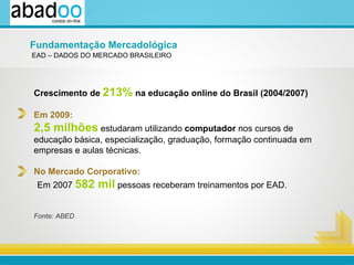 EAD – DADOS DO MERCADO BRASILEIRO Crescimento de  213%  na educação online do Brasil (2004/2007)  Em 2009:   2,5 milhões  estudaram utilizando  computador  nos cursos de educação básica, especialização, graduação, formação continuada em empresas e aulas técnicas. No Mercado Corporativo:   Em 2007  582 mil  pessoas receberam treinamentos por EAD. Fonte: ABED Fundamentação Mercadológica 