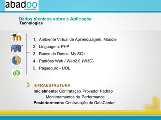 Ambiente Virtual de Aprendizagem: Moodle Linguagem: PHP Banco de Dados: My SQL Padrões Web / Web2.0 (W3C) Pagseguro - UOL INFRAESTRUTURA Inicialmente:  Contratação Provedor Padrão  Monitoramentos de Performance Posteriormente:  Contratação de DataCenter Tecnologias Dados técnicos sobre a Aplicação 