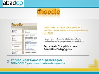 Idealizado no início década de 90 Versão 1.0 foi aceita e bastante utilizada em 2002   Novas versões foram (e são) desenvolvidas colaborativamente por pessoas do mundo todo Ferramenta Completa e com Conceitos Pedagógicos ESTUDO, ADAPTAÇÃO E CUSTOMIZAÇÃO  DO MOODLE para nosso modelo de negócios 