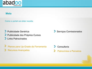 Como o portal vai obter receita: Publicidade Genérica Publicidade dos Próprios Cursos Links Patrocinados Serviços Comissionados Planos para Up-Grade da Ferramenta Recursos Avançados Consultoria Patrocínios e Parceiros Meta 
