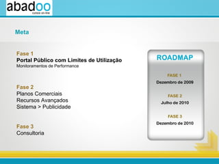 Fase 1   Portal Público com Limites de Utilização Monitoramentos de Performance Fase 2   Planos Comerciais  Recursos Avançados Sistema > Publicidade Fase 3  Consultoria Meta 