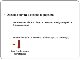  Opiniões contra a criação o gabinete:
1. A (homo)sexualidade não é um assunto que diga respeito a
todos os alunos;
2. Reconhecimento público e a manifestação da diferença;
hostilidade e atos
homofóbicos
+
 