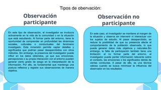 Tipos de obervación:
En este caso, el investigador se mantiene al margen de
la situación y observa sin intervenir ni interactuar con
los sujetos de estudio. Al pasar desapercibido, se
reduce la posibilidad de que su presencia afecte el
comportamiento de la población observada, lo que
puede generar datos más objetivos y naturales.Sin
embargo, la falta de participación también tiene una
limitación: al no formar parte del entorno, el
investigador puede perder información relevante sobre
el contexto, las emociones o los significados detrás de
ciertas conductas. A pesar de ello, es una técnica
valiosa cuando se busca minimizar la influencia del
observador en los resultados.
En este tipo de observación, el investigador se involucra
activamente en la vida de la comunidad o en la situación
que está estudiando. Al formar parte del entorno, tiene la
oportunidad de comprender en profundidad las dinámicas
sociales, culturales o conductuales del fenómeno
investigado. Esta inmersión permite captar detalles y
significados que podrían pasar desapercibidos con otros
métodos. Sin embargo, la presencia del investigador puede
influir en los datos obtenidos, ya que sus emociones,
percepciones o su propia interacción con el entorno pueden
generar cierto grado de sesgo en la interpretación de la
información. Por ello, es fundamental que mantenga una
postura reflexiva y registre sus observaciones de manera
objetiva.
Observación
participante
Observación no
participante
 