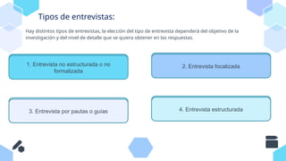 Tipos de entrevistas:
1. Entrevista no estructurada o no
formalizada
2. Entrevista focalizada
3. Entrevista por pautas o guías 4. Entrevista estructurada
Hay distintos tipos de entrevistas, la elección del tipo de entrevista dependerá del objetivo de la
investigación y del nivel de detalle que se quiera obtener en las respuestas.
 